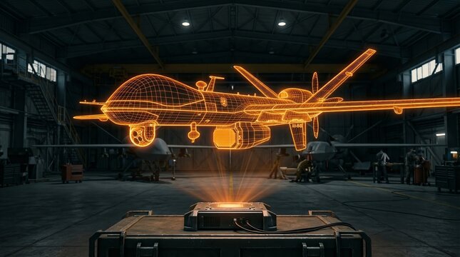 Holographic military drone blueprint is projected above a device inside a modern aircraft hangar. Concepts of defense, aviation, surveillance, engineering, security, military technology. Generative AI