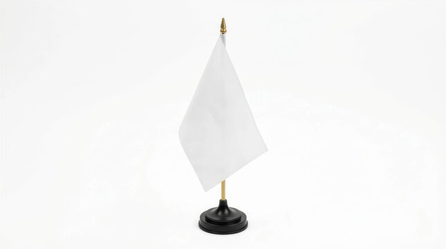 Small white desk flag on golden pole with black stand isolated on white background for business presentation and corporate branding mockups