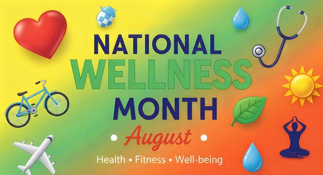 National wellness month poster highlighting health, fitness, and well-being in august illustration