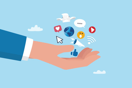 Marketing or branding communication, social media or social network online digital strategy, advertising or client engagement, businessman hand with social media marketing elements.