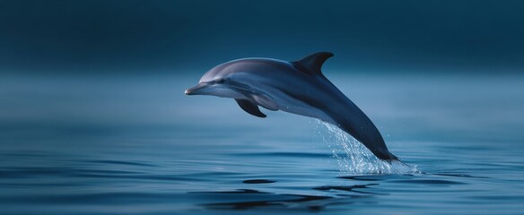 Fototapeta premium Solitary dolphin leaps gracefully from the ocean in dynamic swimming motion.