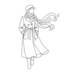 Fototapeta premium Elegant woman in a trench coat and scarf, looking away and walking 