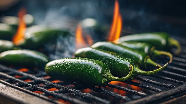 Green jalapeno peppers being grilled over open flames on a barbecue