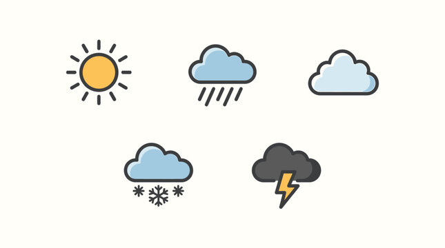 Collection of assorted weather icons depicting sunshine, rain, clouds, snow, and thunderstorms