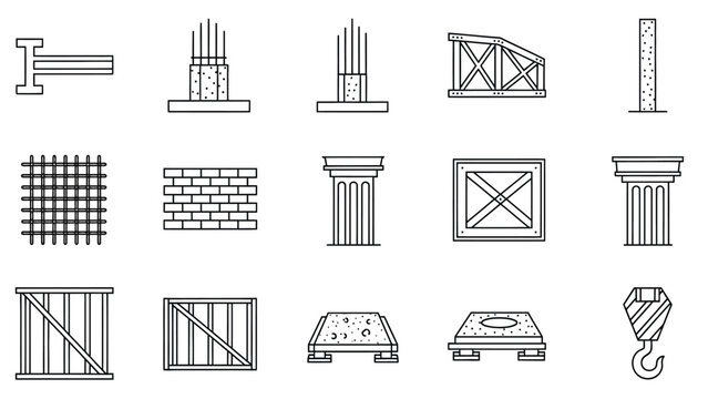 Industrial construction components and infrastructure elements line icons for technical documentation.