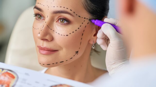 A facelift rhytidectomy skin marking procedure by a plastic surgeon.