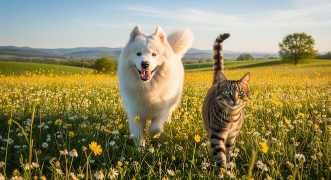 A white fluffy dog and tabby cat walk together through a bright yellow flower field on a sunny day. The meadow stretches across rolling hills under a clear blue sky.