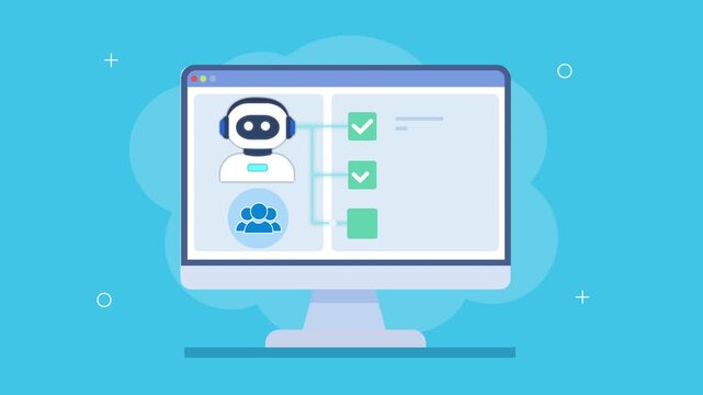 Animated AI assistant dashboard with checklist, team panel, and system interface, showing collaboration, task automation, and digital workflow management.