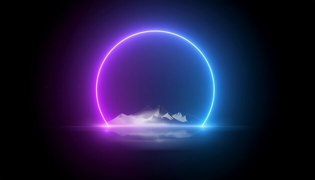 Circular neon light in purple and blue with wisps of fog on dark background abstract background