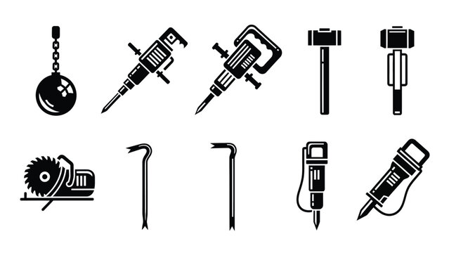 Heavy duty demolition tool icons showing wrecking ball jackhammer crowbar and circular saw silhouettes.