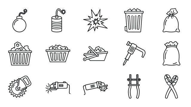 Set of black and white outline icons representing construction tools and materials.