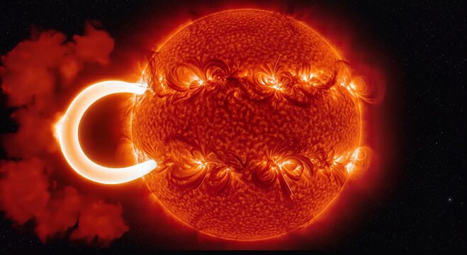 solar flare eruption on the sun with plasma loops and coronal mass ejection