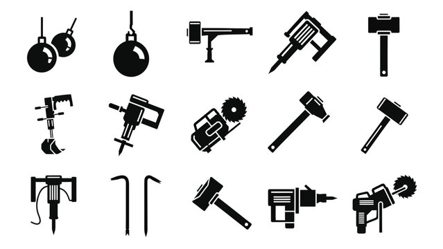 Collection of black icons depicting demolition tools and heavy construction equipment.