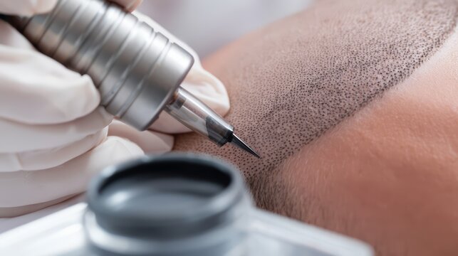 A scalp micropigmentation hairline tattoo cosmetic procedure.