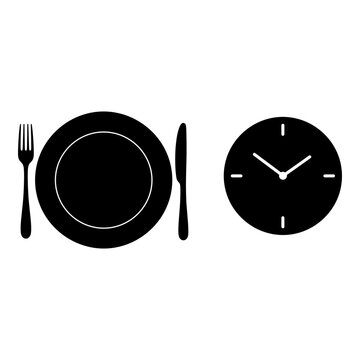 Dinner Time Icon, Meal Schedule Symbol, Clock and Plate Vector Graphic