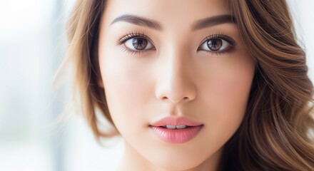 Naklejka premium Close-up portrait of a young woman with brown wavy hair and natural makeup, looking at camera with calm expression. Perfect for beauty, skincare, cosmetics, and lifestyle content.