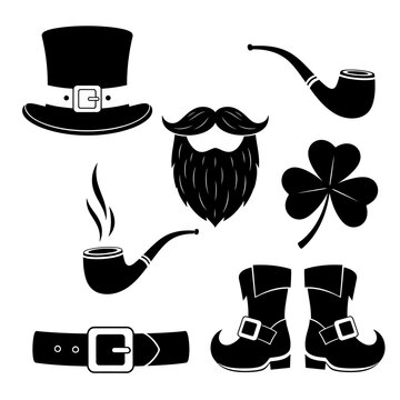 Vintage Irish folklore icons featuring top hat, pipe, shamrock, and beard silhouette

