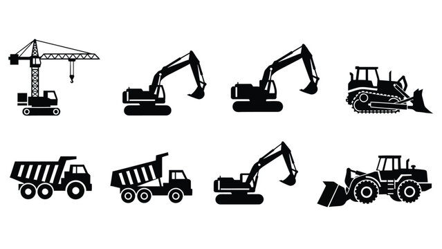 Construction heavy equipment silhouettes and earthmoving machinery set.