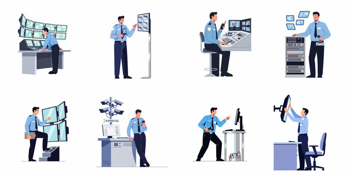 Set of flat vector illustrations of security guards monitoring CCTV surveillance cameras, control rooms, and data servers for safety and protection.