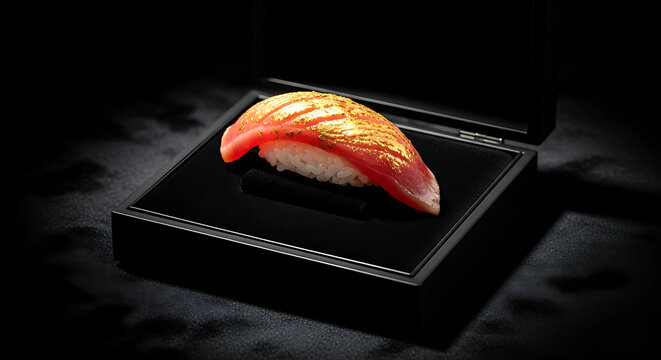 Still life. a piece of otoro (fatty tuna) nigiri brushed with gold-flecked sauce, presented on a velvet jewelry display stand inside a sleek, black presentation case
