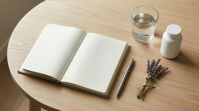 Open blank journal with pen glass of water pill bottle and lavender on wooden table for health and symptom tracking