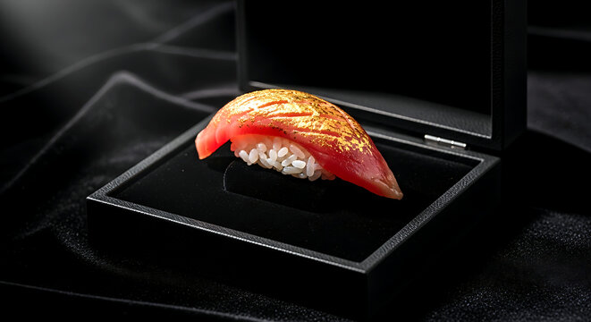 Still life. a piece of otoro (fatty tuna) nigiri brushed with gold-flecked sauce, presented on a velvet jewelry display stand inside a sleek, black presentation case