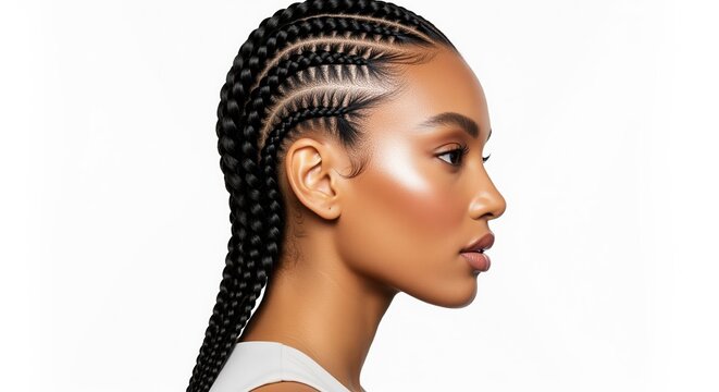 Side profile of a young woman with intricate braided hairstyle featuring geometric patterns and luminous skin. Ideal for beauty, hair care tutorials, fashion editorials, and cultural content.