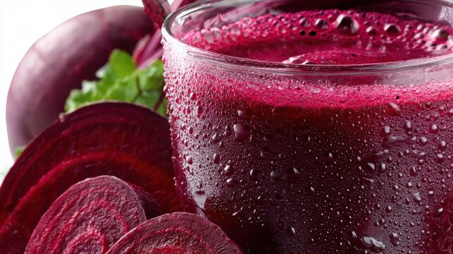 Close-up of vibrant beetroot juice in a condensation-covered glass with fresh beet slices, showcasing natural refreshment and health benefits.