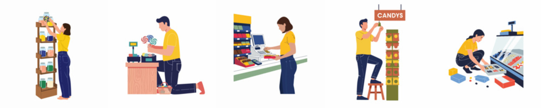 Set of flat vector illustrations showing retail store assistants working in a candy shop, stocking shelves, arranging products, and using a cash register.