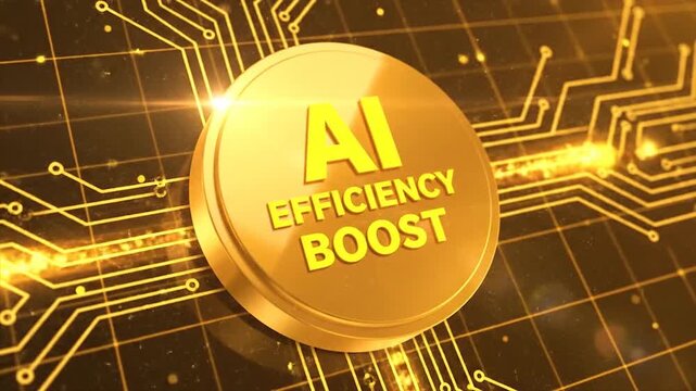 Golden AI efficiency boost coin on digital circuit background with glowing light effects