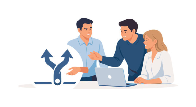 A team strengthening shared alignment during a collaborative planning discussion, gathered near a laptop while interacting with a simple unified path symbol beside it,