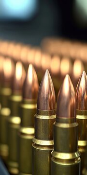 Metallic Ammunition Rounds Lined Up in Perfect Order for Military Use and Weapons Concept Display