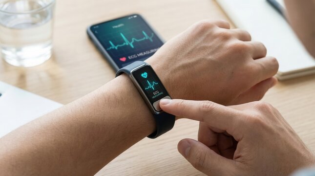 A man's hand interacts with a smartwatch showing ECG data, paired with a smartphone health app. This depicts modern health monitoring and digital wellness. Ideal for tech or medical content.