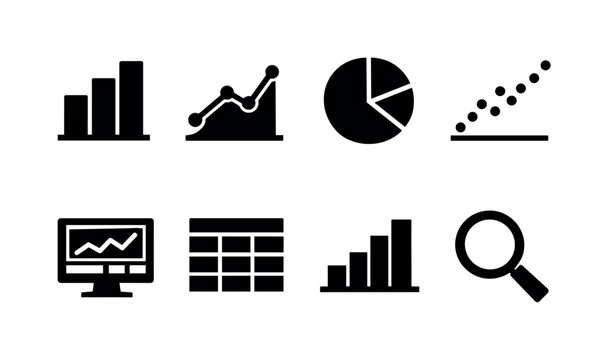 Data science analysis: bar chart, line graph, pie chart, scatter plot, histogram, dashboard screen, data table, analytics magnifying glass.