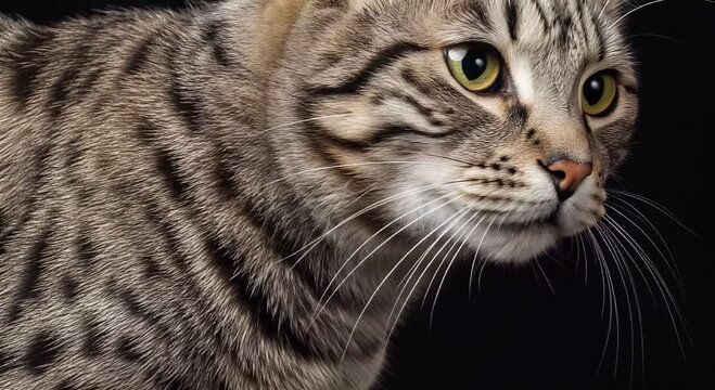 tabby cat close-up portrait with striped fur and piercing eye