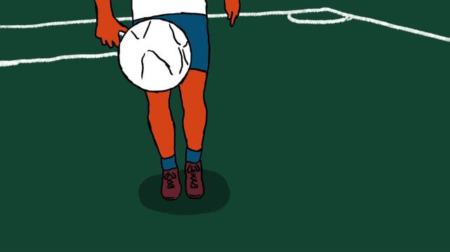 rotoscope animation of football player juggling ball in the middle of football field. loop mode. vintage cartoon color style