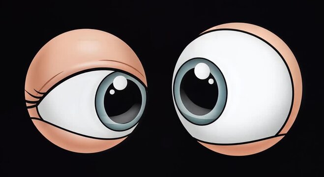 two cartoon eyes close-up on black background, wide-eyed gaze