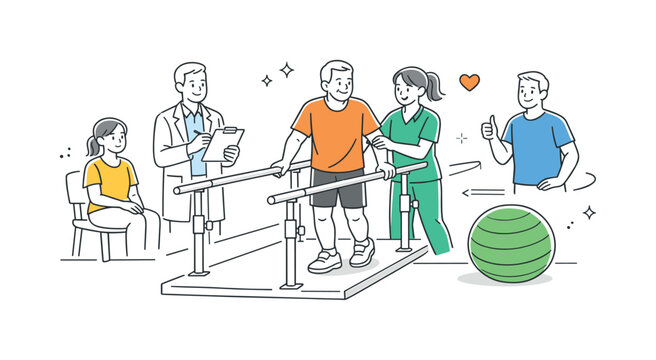 Physical rehabilitation process in a healthcare setting where a patient works with a therapist to regain strength and mobility, represented by a supportive parallel bar