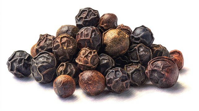 A pile of allspice berries on a white background