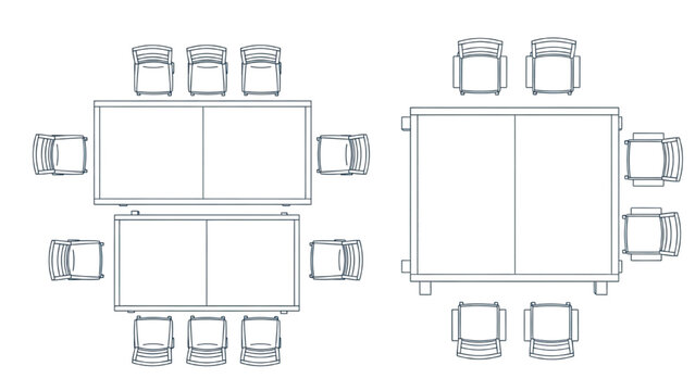 Vector 2D CAD drawing of conference room tables and chairs layout