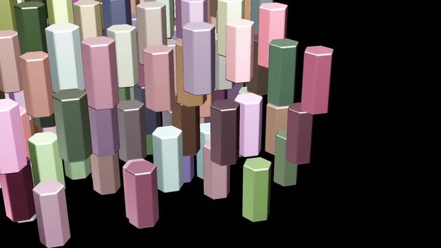 3D animation hexagonal grid multi-colored pillars circular formation move vertically synchronized motion  fluid rhythmic, living digital landscape