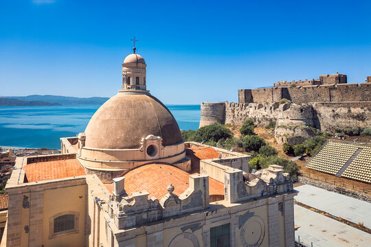 Aerial view of the dome of the ancient Cathedral of Santo Stefano Protomartyr near the castle of Milazzo