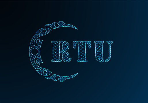 Low poly letter logo RTU design. RTU letter logo low poly vector design on blue color gradient background. RTU logo low poly design