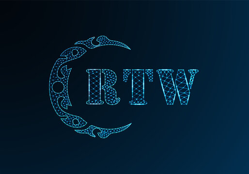 Low poly letter logo RTW design. RTW letter logo low poly vector design on blue color gradient background. RTW logo low poly design
