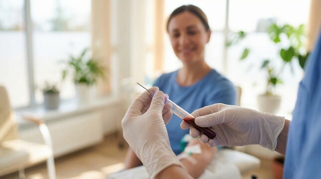 Medical professional collects a blood sample from a smiling patient. Represents routine check-ups, diagnostic testing, and modern healthcare. Ideal for health, medical, or longevity content.