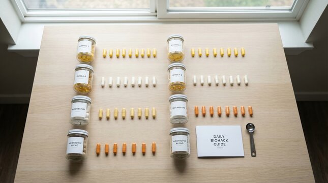 A flat lay of daily supplements: vitamin C, omega-3, magnesium, and nootropics, neatly arranged with a biohack guide on a wooden table. Ideal for health, wellness, and lifestyle content.