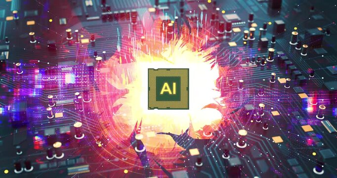 Tech background with AI processor unit and 3D circuit board. AI Technology Related 3D Computer Animation.