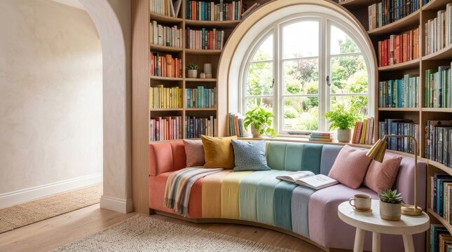 Cozy reading nook with rainbow sofa and built-in bookshelves overlooking a garden