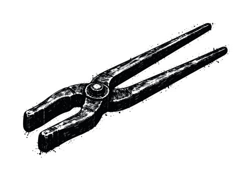 A heavy blacksmith tong tool shown in a three-quarter perspective, enlarged to fill most of the frame as a long mechanical object on a pure white background, the pivot