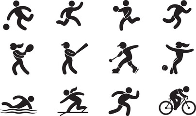 Obraz premium Dynamic set of athletic stick figures engaged in multiple sports like running swimming and cycling